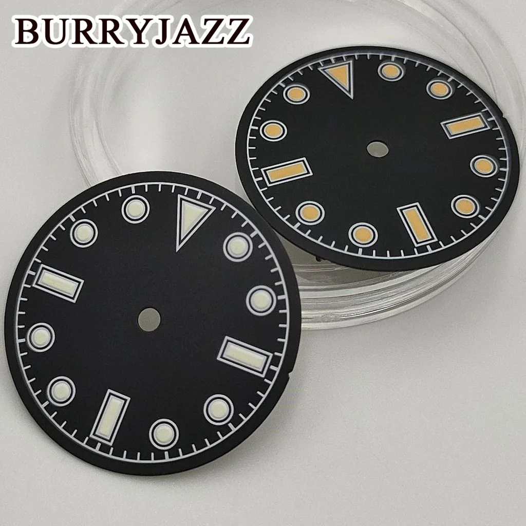 BURRYJAZZ 28.5mm No Logo NH35 NH36 Watch Dials Black Dial Green Luminous Fit 3 O'clock 3.8 O'clock Case Crown