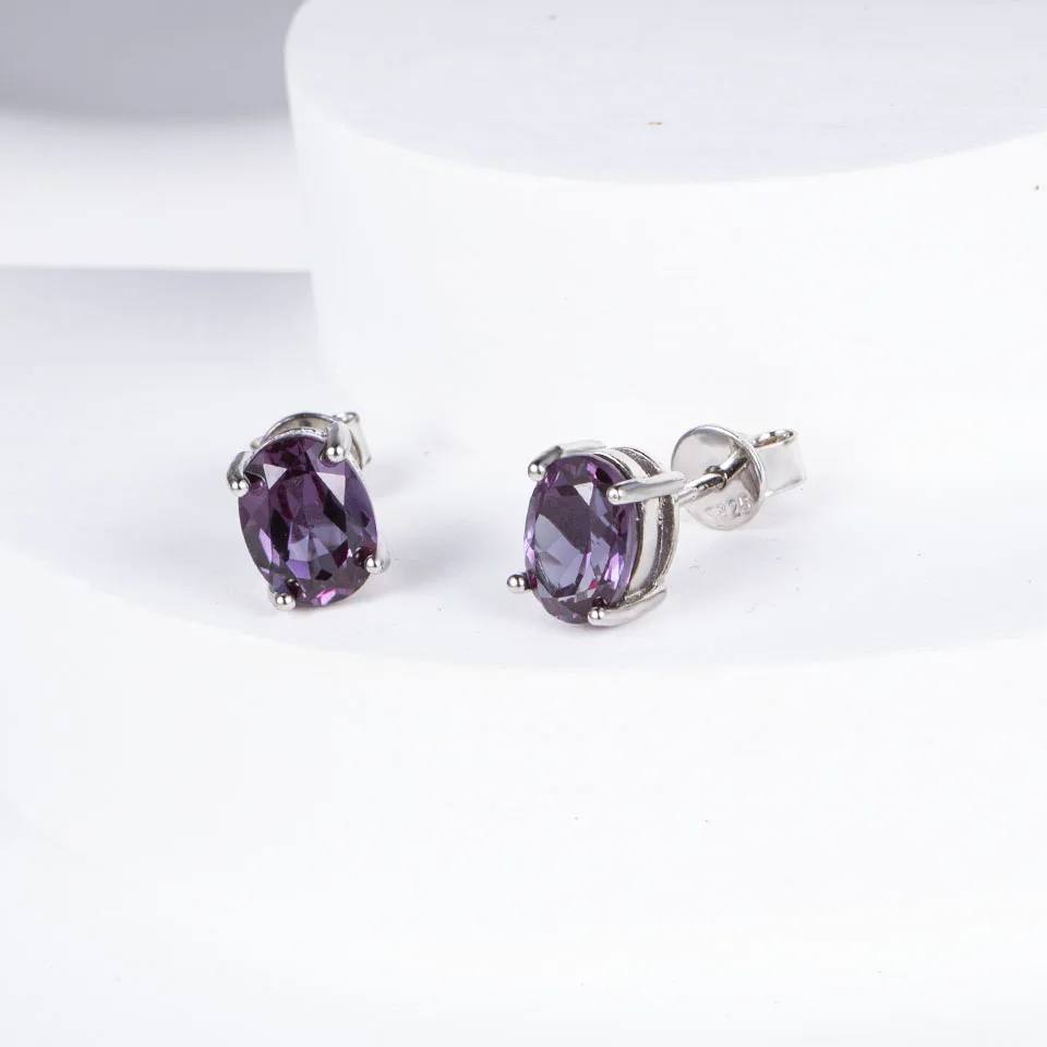 Color Changing Created Alexandrite Stud Clasp Earrings Solid 925 Sterling Silver 7*5mm Gemstone for Women Wife Nice gift Jewelry
