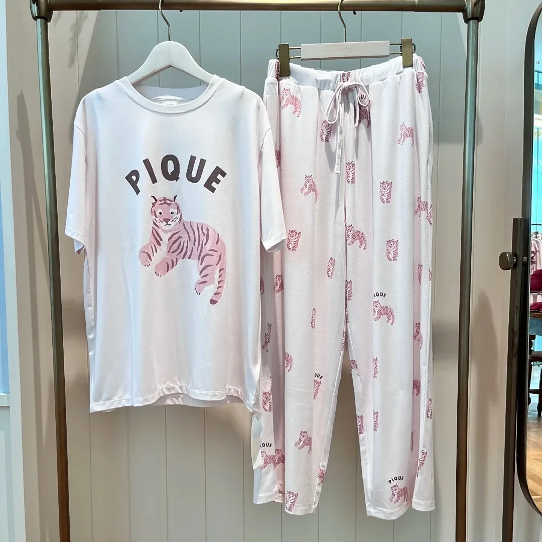 Pajamas Set Room Wear Ladies Cute Pijama Kawaii Tiger Printing Clothes Lounge wear Women Cotton Knitted Sleepwear