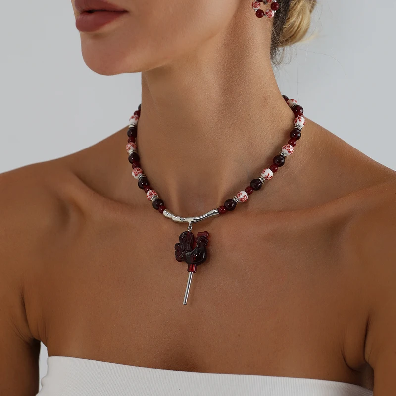 Necklace Painted Round Bead Women Neck Jewelry Red Rooster Lollipop Pendant Necklace Trendy Russian Folk Hoop Earrings Gift