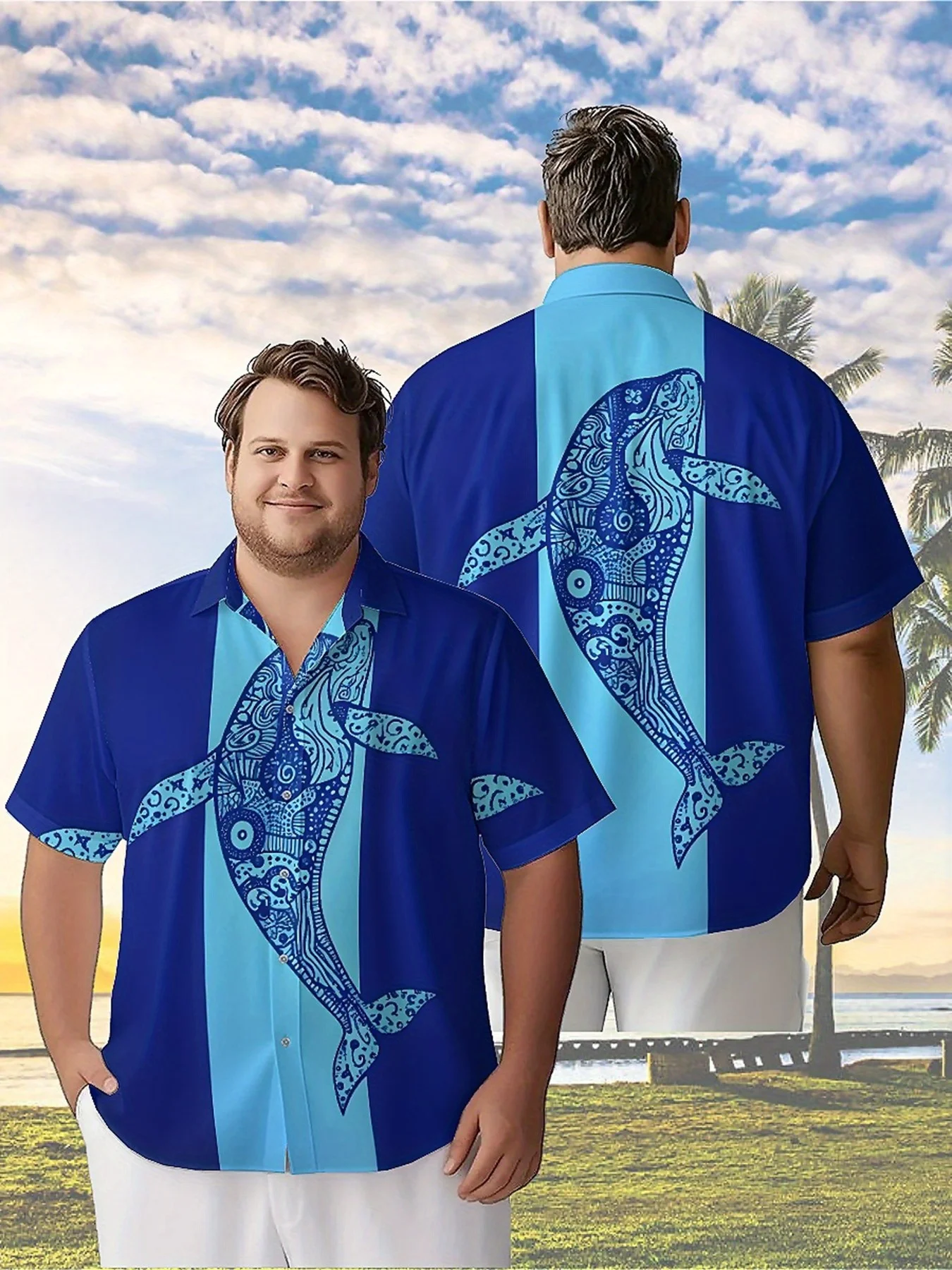 Men's Plus Size Hawaiian Shirts Deep Sea Whale Spirit Pattern, Summer Casual Tops, Suitable for Outdoor and Party, Streetwear