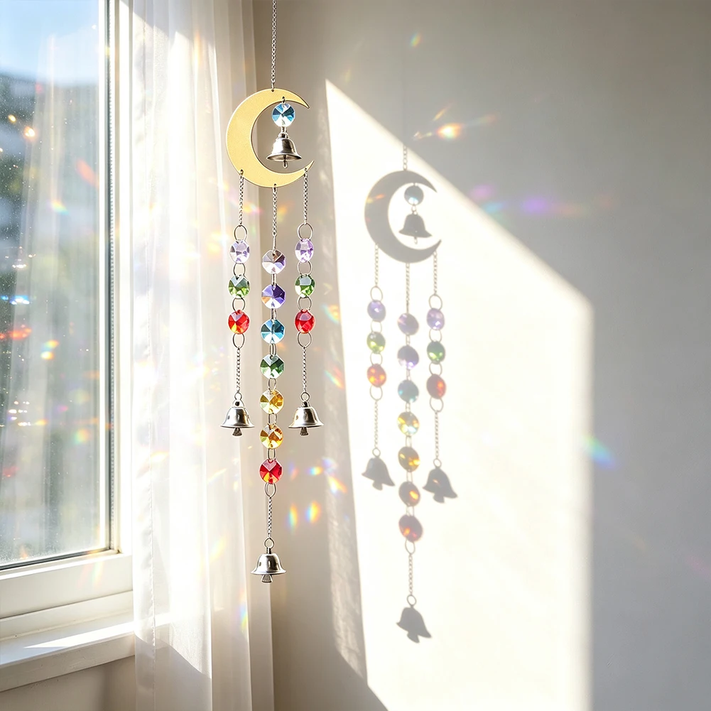 Mondförmiger Metall-Sonnenfänger, Hängeanhänger mit bunten Kristallperlen und Glöckchen, Ornament für Fenstervorhänge, Heim- und Raumdekoration – Detail 5