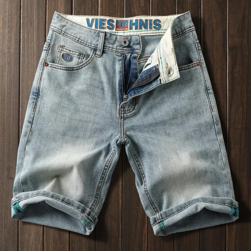 

Мужские летние тонкие джинсовые шорты 2026 года, уличный стиль, модные, приталенные, прямого кроя, длиной до колена, с эластичным поясом, повседневные