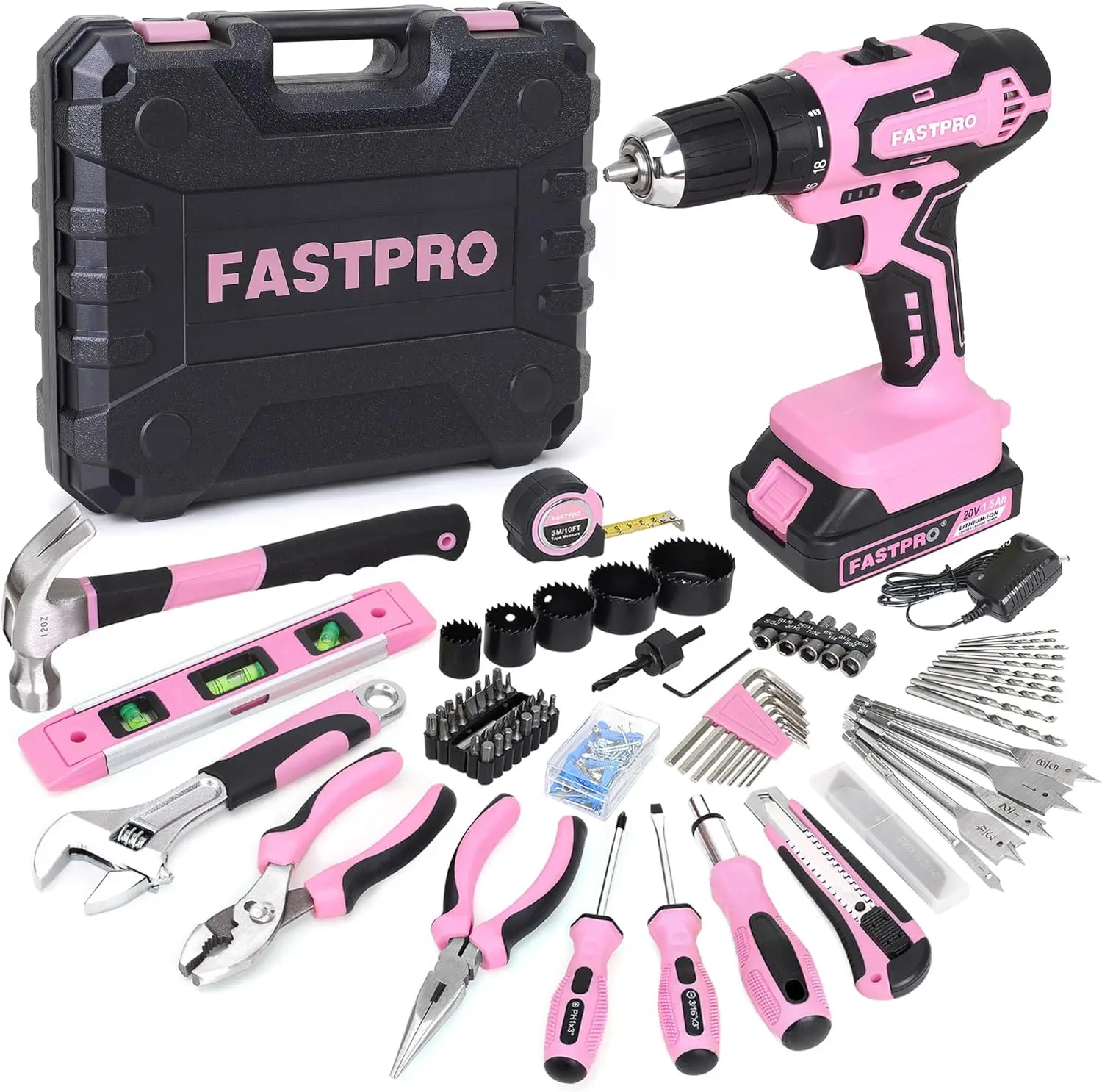 FASTPRO 177-Piece 20V Pink Cordless Lithium-ion Drill Driver and Home Tool Set, Lady's Home Repairing Tool Kit with Drill