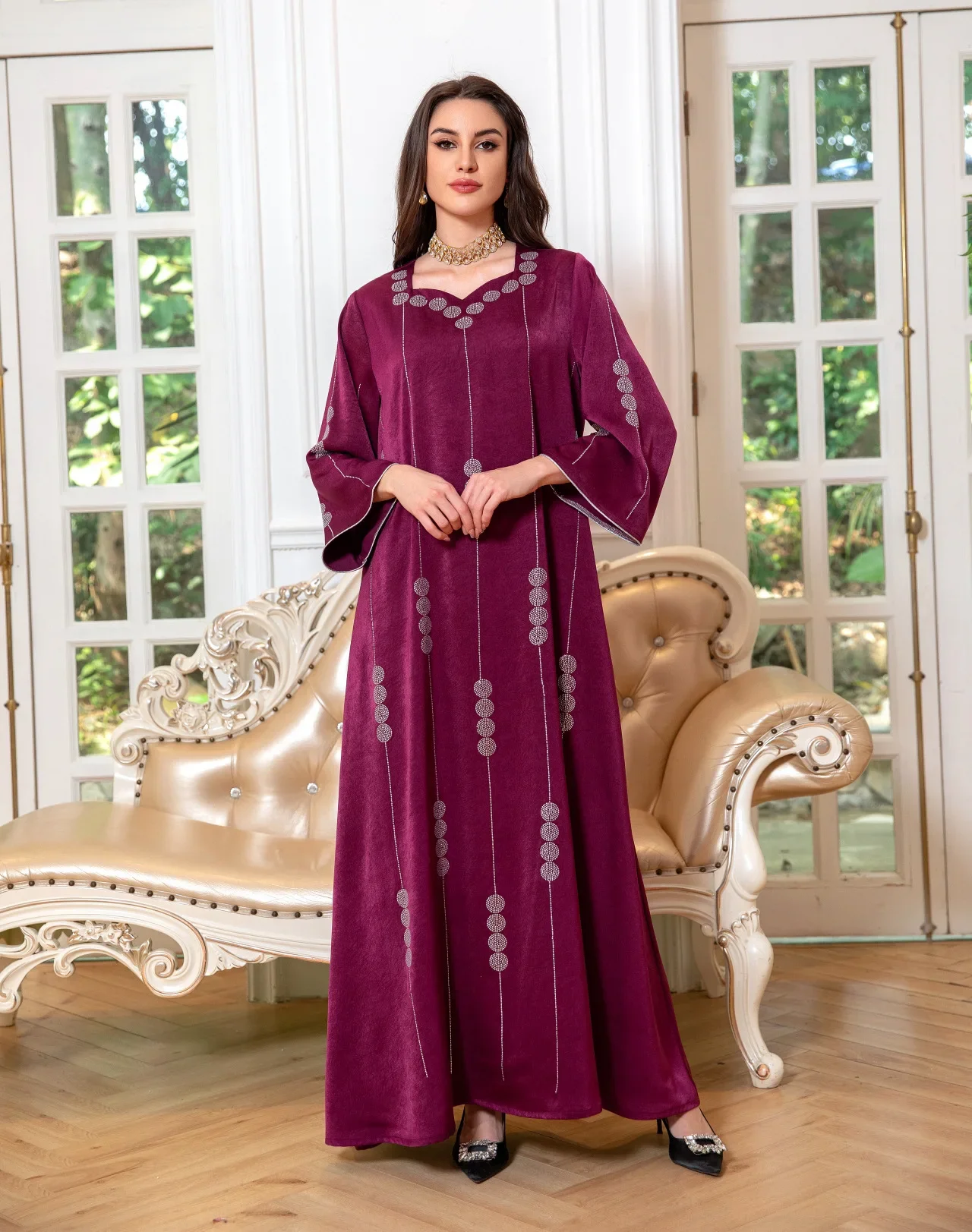 

Eid Party Dresses for Women Muslim Satin Diamonds Abaya Dubai Turkey Kaftan Islamic Clothing Arabic Djellaba Marocain Robe Dress