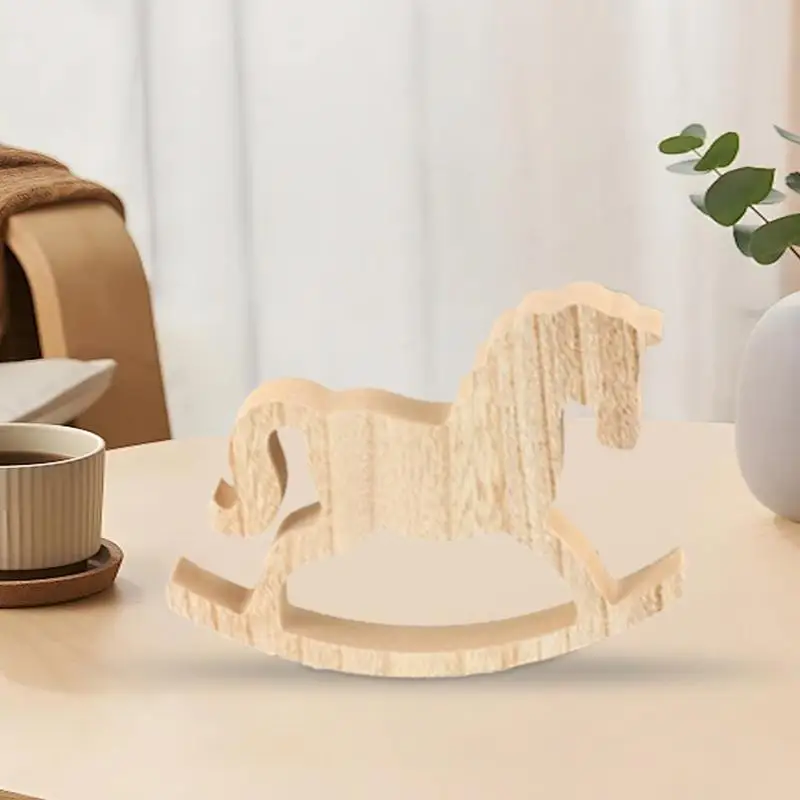 Rocking Horse Statue Wooden Craft Rocking Horse Home Art Statue Wood Horse Decorative Sculpture Wooden Table Decoration Crafts