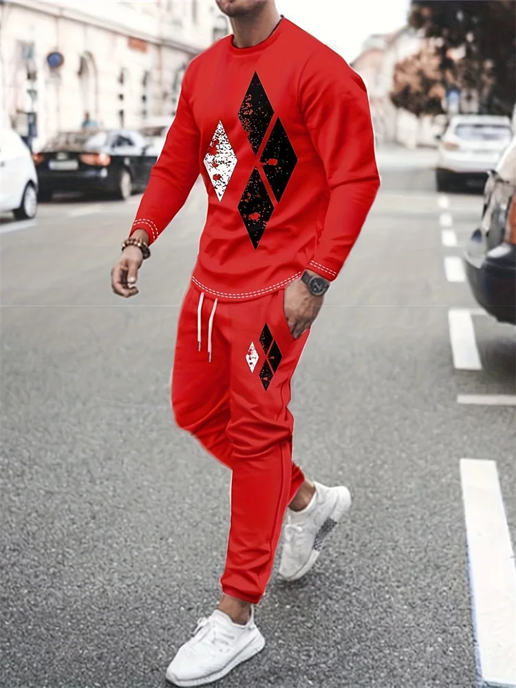 New Fall Men's Fashion Clothing Breathable Sportswear Long Sleeve Sweatpants Printed Simple Design Casual Jogging Two Piece Set