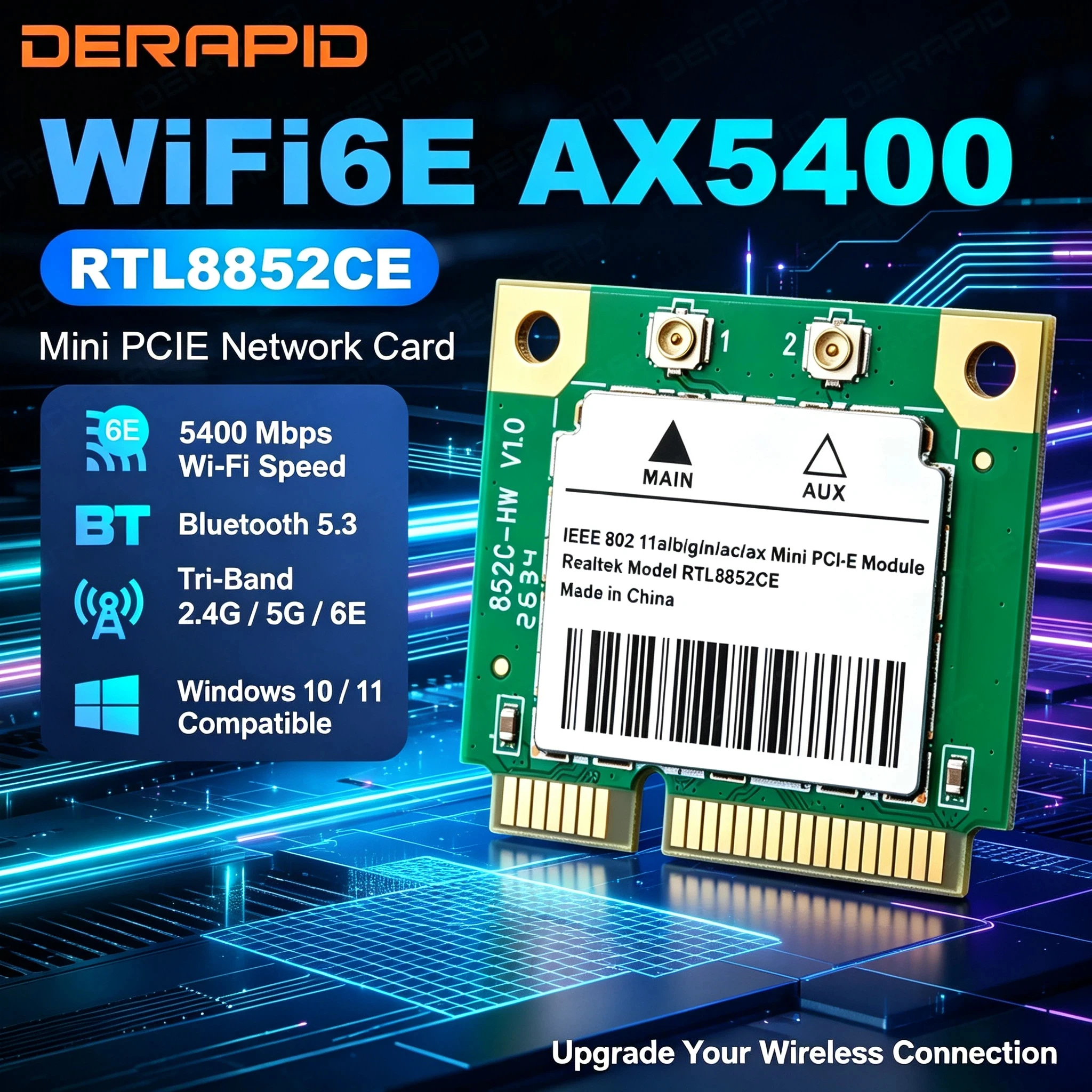 RTL8852CE WiFi 6E Tri-Band Mini PCIe Wireless Network Adapter Module Bluetooth 5.3 5374Mbps for Desktop PC Windows 10 11 64-bit