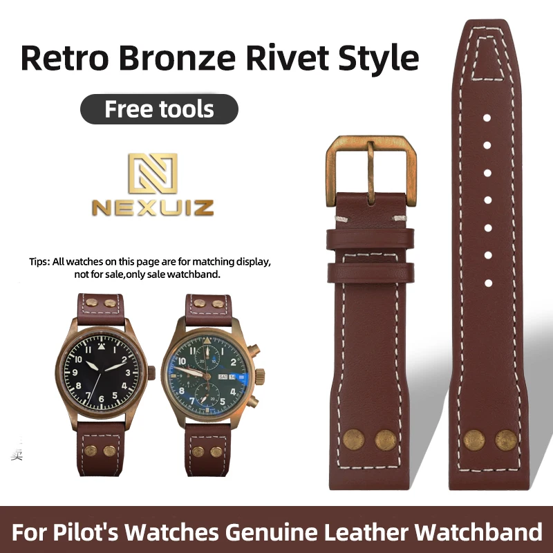 20 21 22MM Vintage Cowhide Watch Strap For IWC Pilot Spitfire Fighter Series IW326802 IW501005 Watchband Bronze Rivet Bracelet