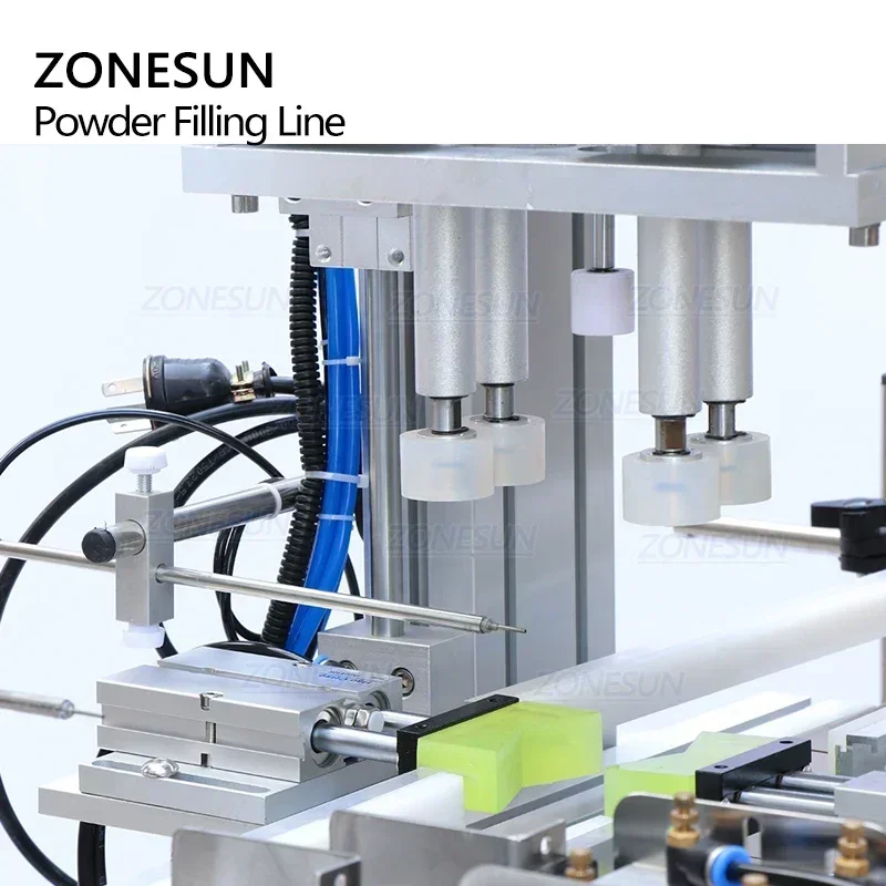 Automatyczna maszyna do napełniania, zakręcania i etykietowania butelek i puszek proszków mlecznych, miodu i innych produktów suchych, model ZONESUN ZS-FAL180P9, z podajnikiem ślimakowym, do linii produkcyjnej.