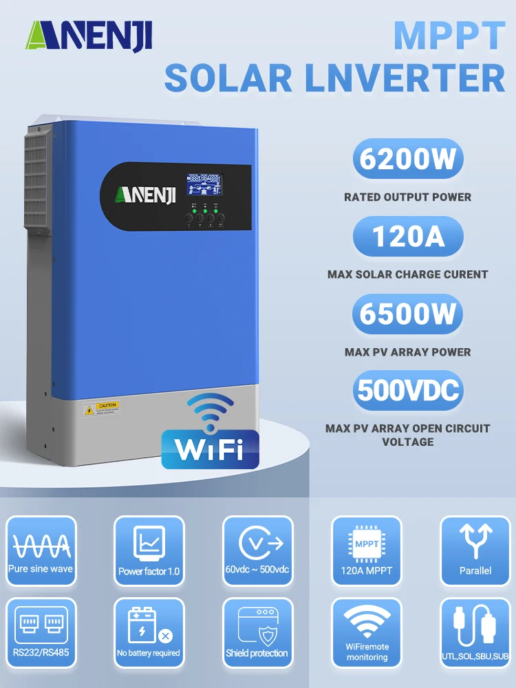 ANENJI 6200W Hybrid-Solar-Off-Grid-Wechselrichter 48V 220V MPPT 6500W 120A 500V PV-Ladegerät mit integriertem WLAN, reiner Sinus-Solarwechselrichter