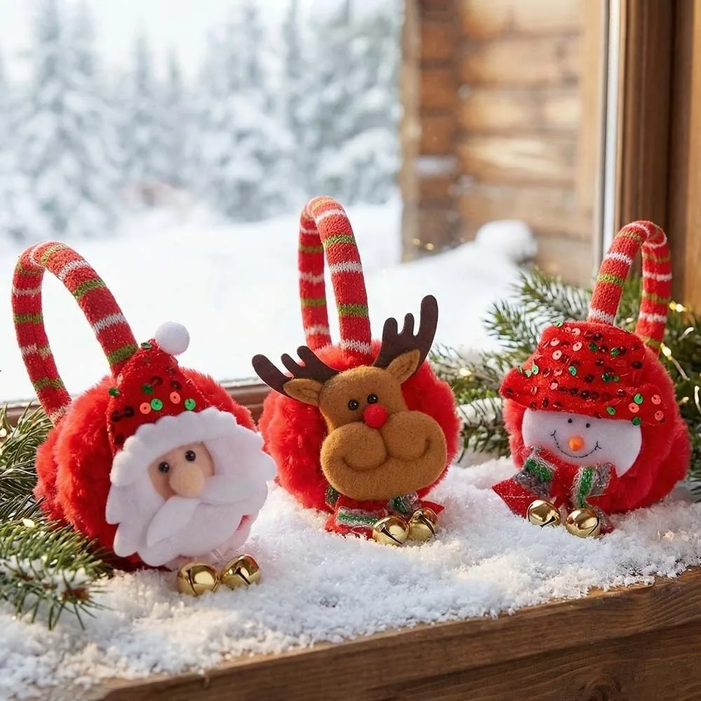 Soft Fabric Christmas Plush Earmuff Bright Red Thick Padding Winter Ear Warmer Lightweight Fit Festive Design