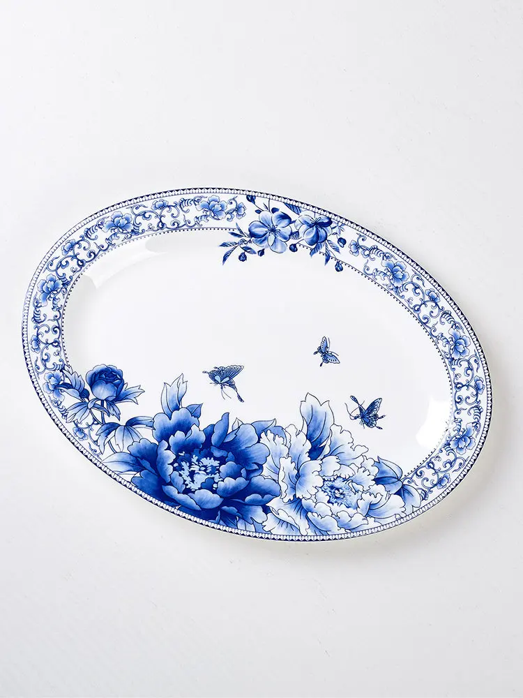 Household 2026 new Jingdezhen ceramic bone china oval blue and white porcelain