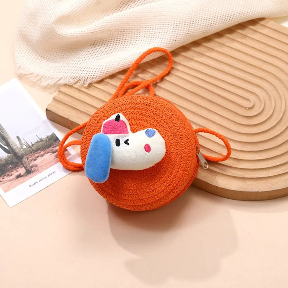 

Fashion Cartoon Puppy Woven Bag Round Zipper Summer Beach Shoulder Bag Photo Props Solid Color Kids Coin Purse