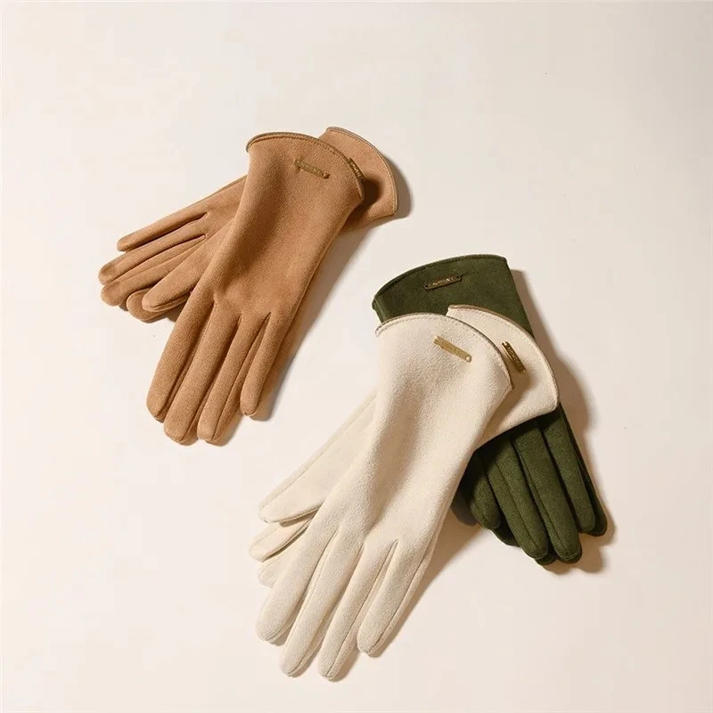 Windproof Suede Touch Screen Gloves for Women, Thin Solid Elegant Warm Gloves Autumn Winter Driving Cycling