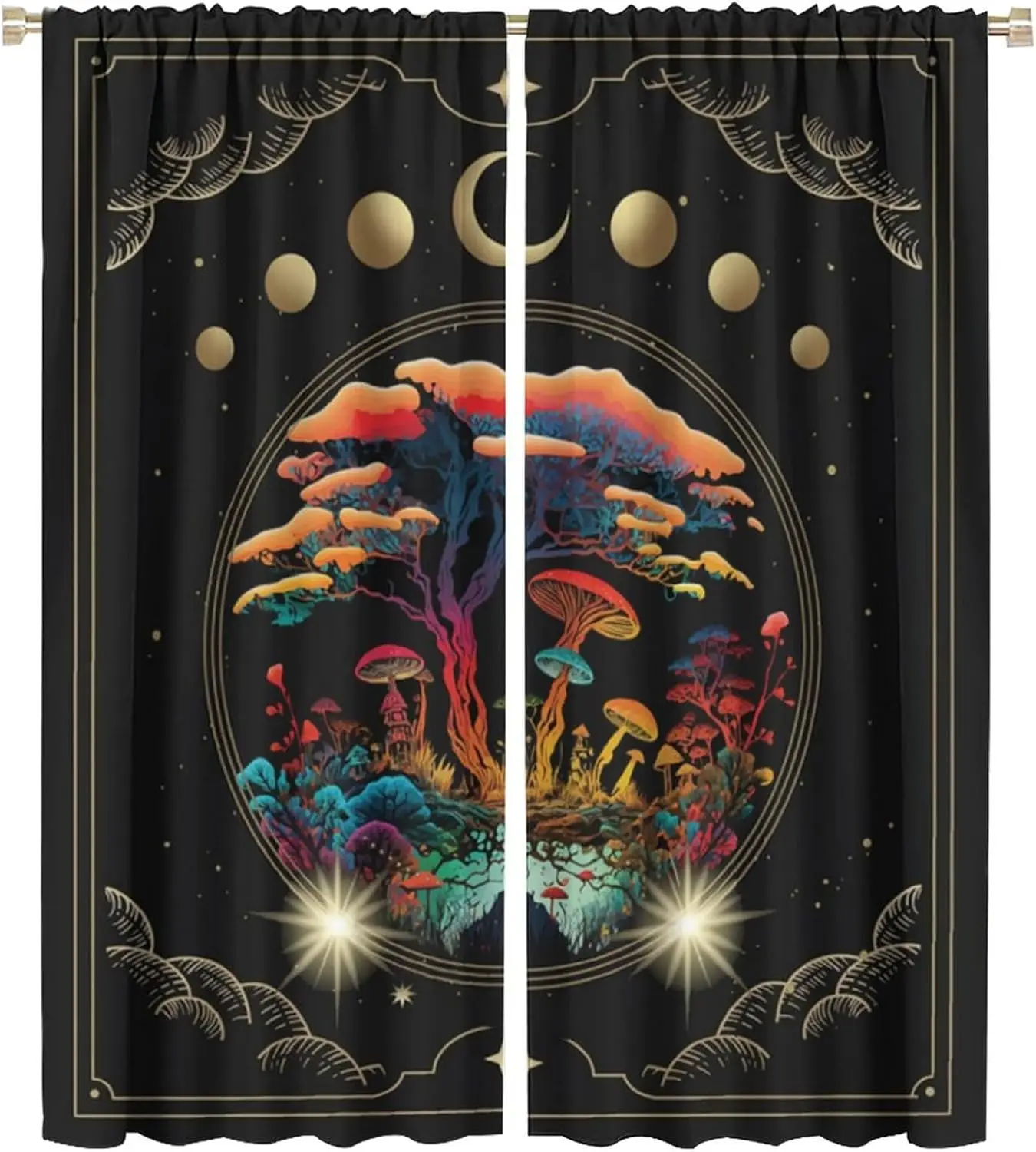 Baroque Mushroom Jungle Curtains, Fantastic Golden Moon Phase Starlight Gorgeous Colorful Forest, Rod Pocket Blackout Window