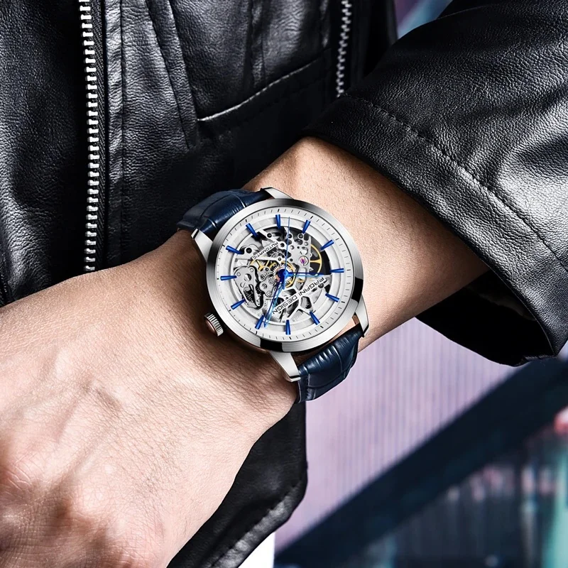 PAGANI DESIGN 2026 New Skeleton Automatic Mechanical Watch for Men, Waterproof Wrist Watch with Blue Leather Strap