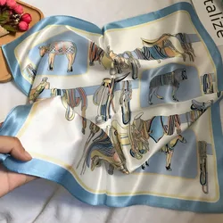 Luxury Silk Scarf Blue Carriage Hair-sarf Classical Popular Print Hijab Fashionable Dating Dressing Up Headscarf Sunscreen Shawl