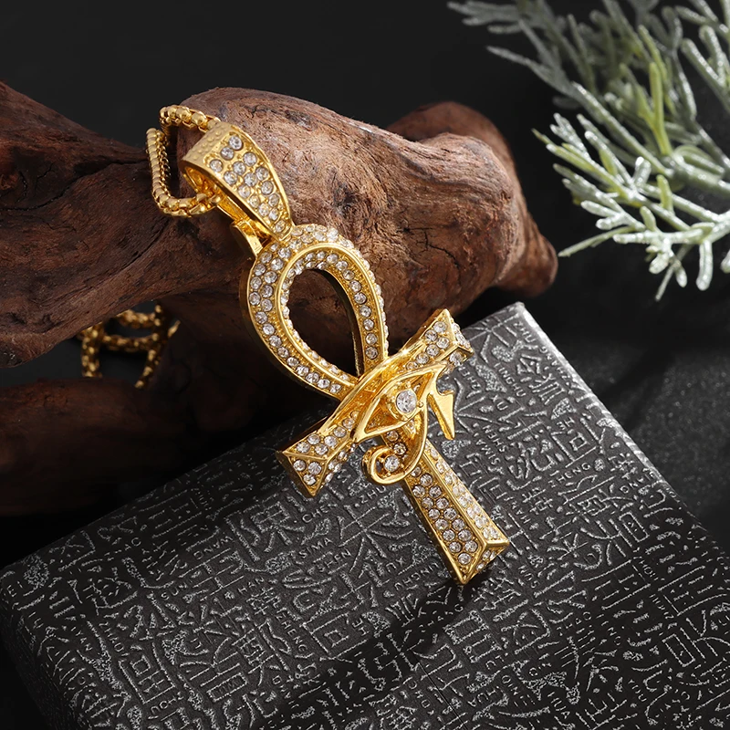 

Rhinestone Eye of Horus Ankh Cross Pendant Necklace Men Women Fashion Protection Jewelry