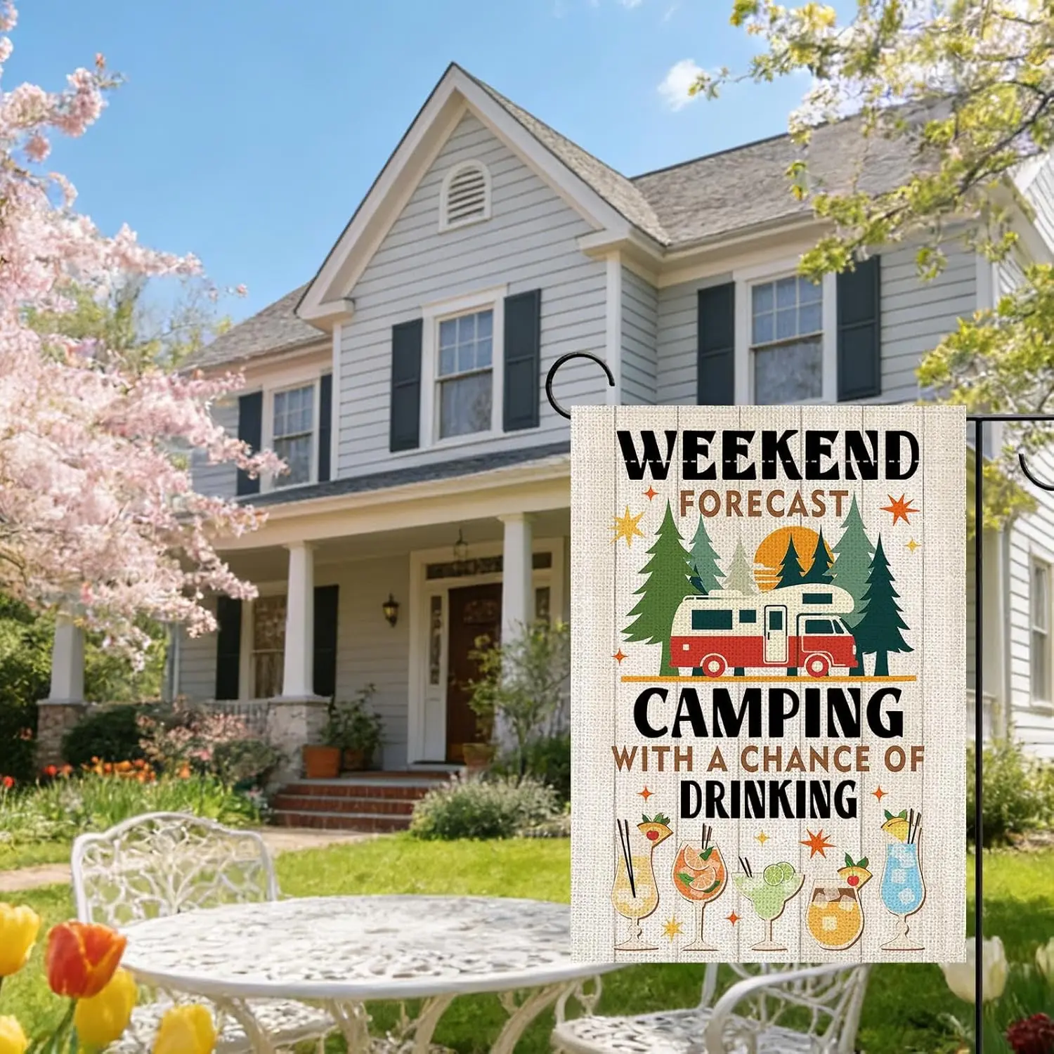Weekend Forecast Camping with a Chance of Drinking Decorative Garden Flag, Funny Camper RV Campsite Small Yard Outside Decor IIC