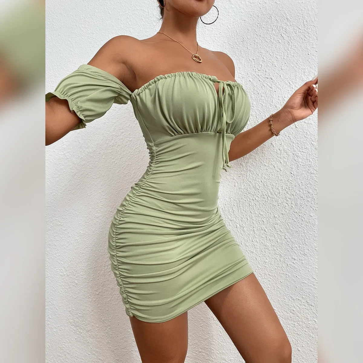 

Sexy Ruffle Short Club Dress Ladies 2023 Autumn Green Bodycon Dresses for Women Party Tight Mini Dress Clubwear