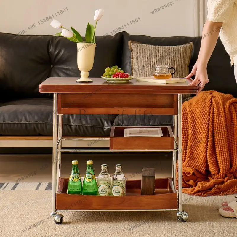 Solid wood coffee table trolley foldable movable rectangular medieval edge table stainless steel movable