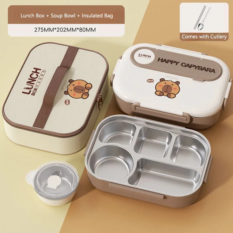 

Ланч-бокс с изображением капибары, 5 отделений, с супницей, термосумкой, столовыми приборами из нержавеющей стали, бенто-бокс для взрослых и детей, кавайный дизайн