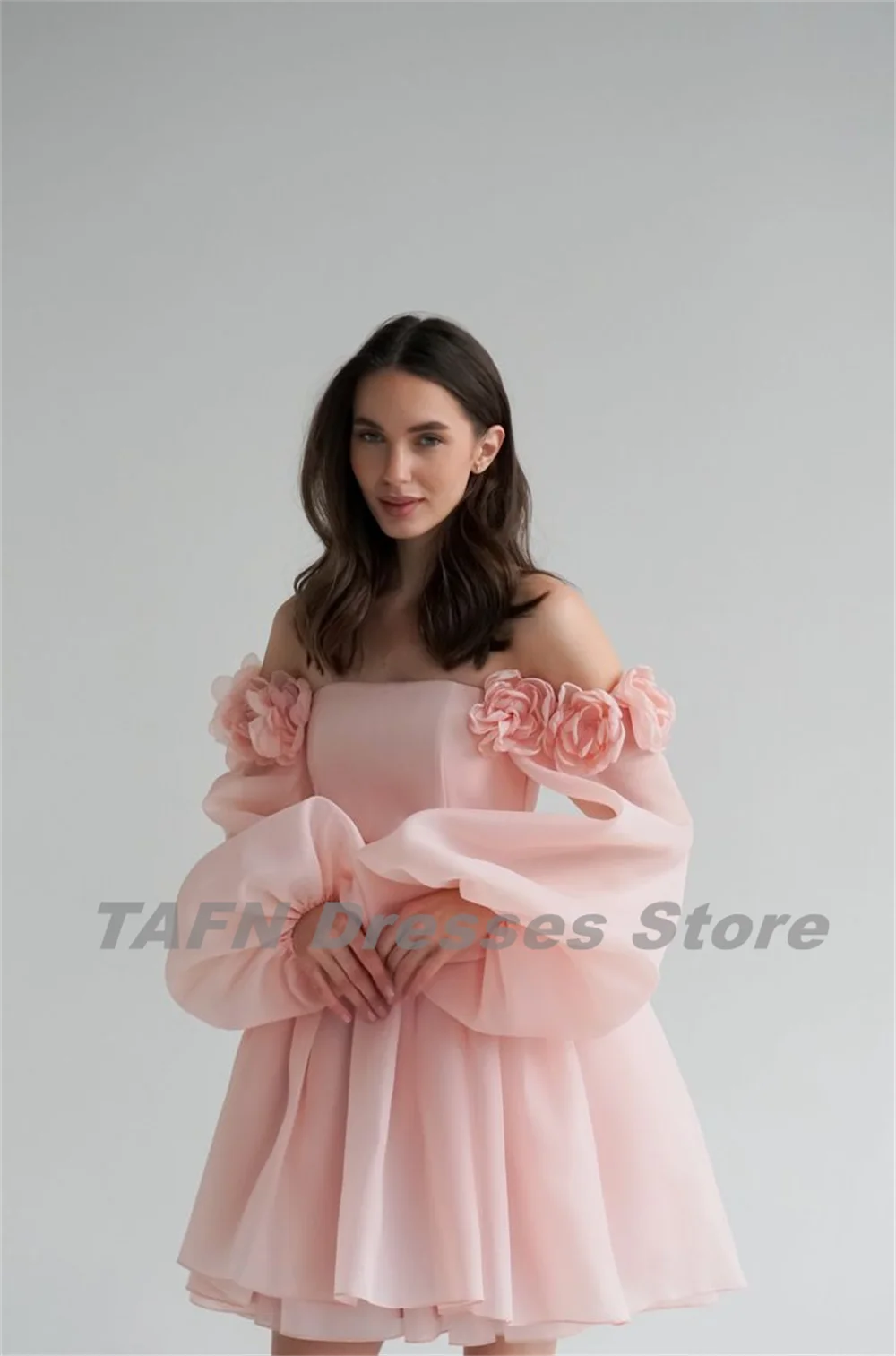 TAFN Princess Pink Party Gown plissettate Flowers Off the Shoulder maniche lunghe abiti da ballo a-line drappeggiati vestidos de festa Lace-up