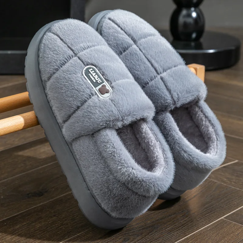 

concise men home slippers winter style fuzzy indoor shoes men's furry loafers plus size male house comfort plush slipper ﻿