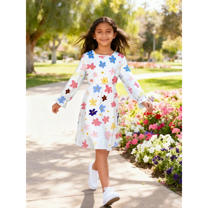 

Girls' Small Floral Print Long-Sleeve Dress Casual Fashion Children's Clothing 2026 Trendy Outfit for Kids