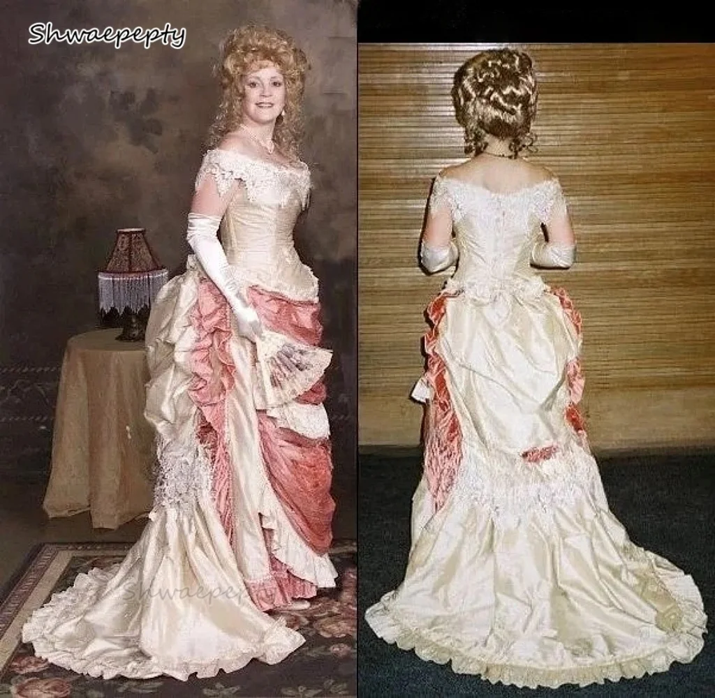 Vintage viktorianische Bustle-Abschlussballkleider, gerüschter Taft, lange mittelalterliche Abendkleider, schulterfrei, maßgeschneidertes Damen-elegantes Kostüm