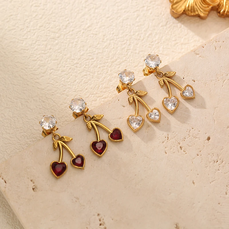 EILIECK 316L Edelstahl Herzförmige Kirsch-Zirkon Halskette Ohrringe Set für Damen Neuer Trendiger Wasserdichter Schmuck Damengeschenk – Detail 10