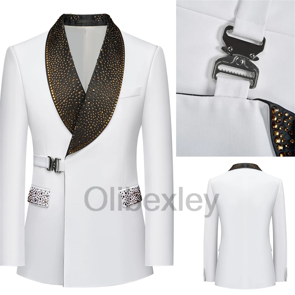 Olibexley White Men's Suit Set Jacquard Tuxedo Luxury Rhinestone Slim Fit Dinner Blazer Jacket for Prom Party Customized S379