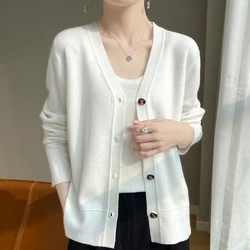 Spring New 100% Wool V-neck Sweater Cardigan Women Fashion Autumn Streetwear Casual Loose Long Sleeve Top Knit Female Cardigan