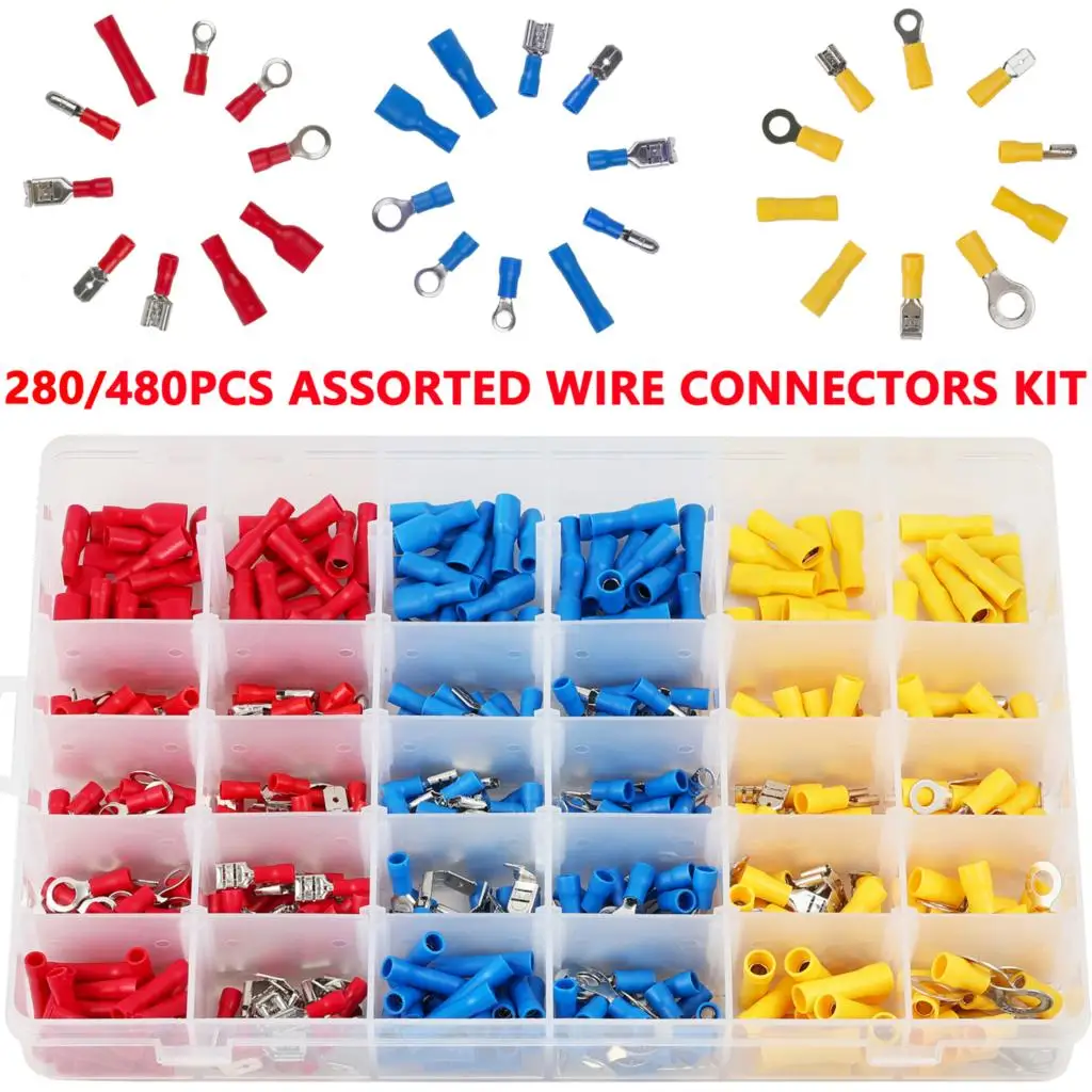 

280/480Pcs Assorted Spade Terminals Insulated Cable Connector Electrical Wire Crimp Butt Ring Fork Set Ring Lugs Rolled Kit Box