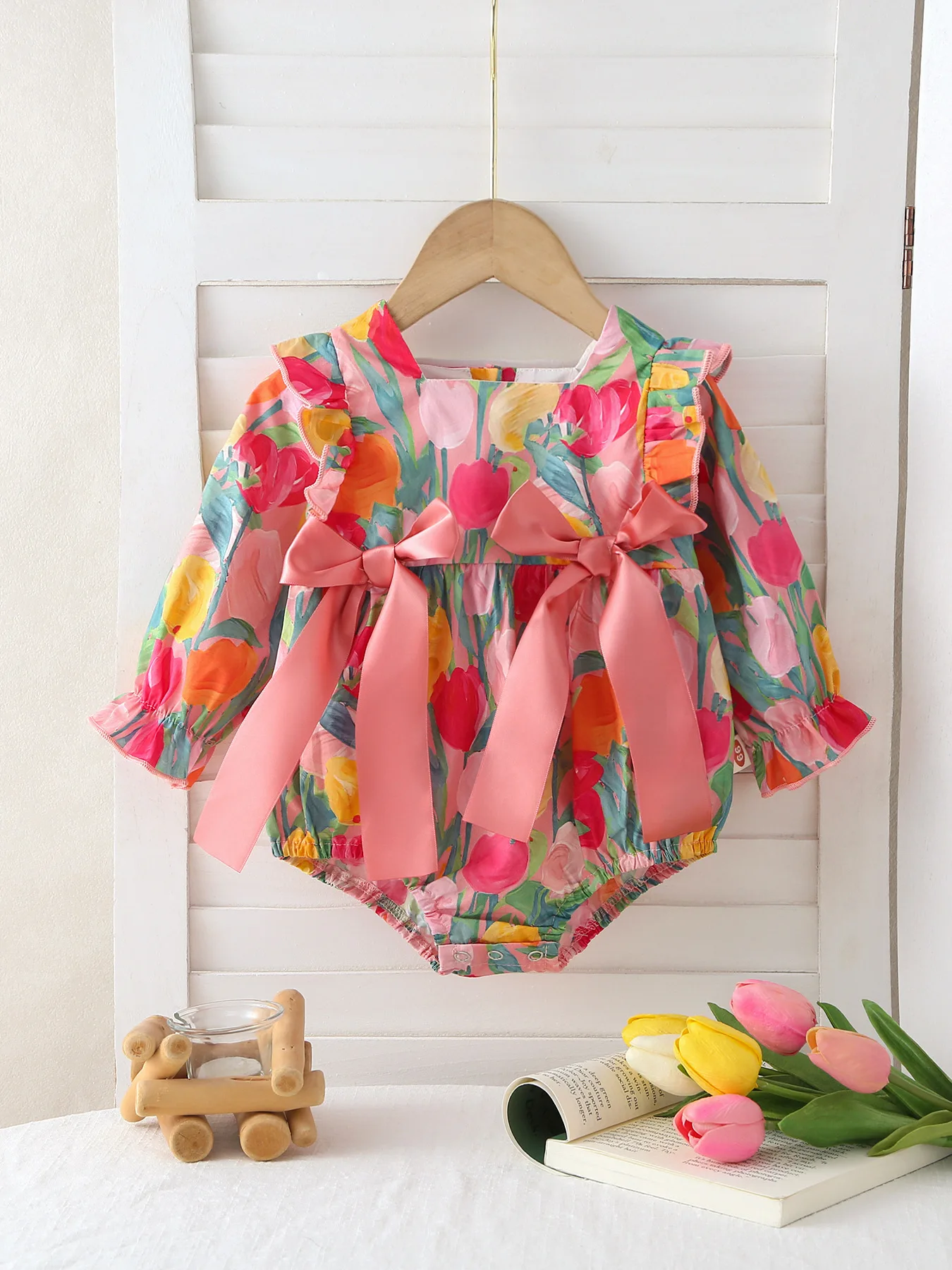 

MILANCEL 0-2 Y Baby Girls Clothes Double Bow Tulip Bodysuit Floral Print Infant One Piece Long Sleeve Baby Clothing