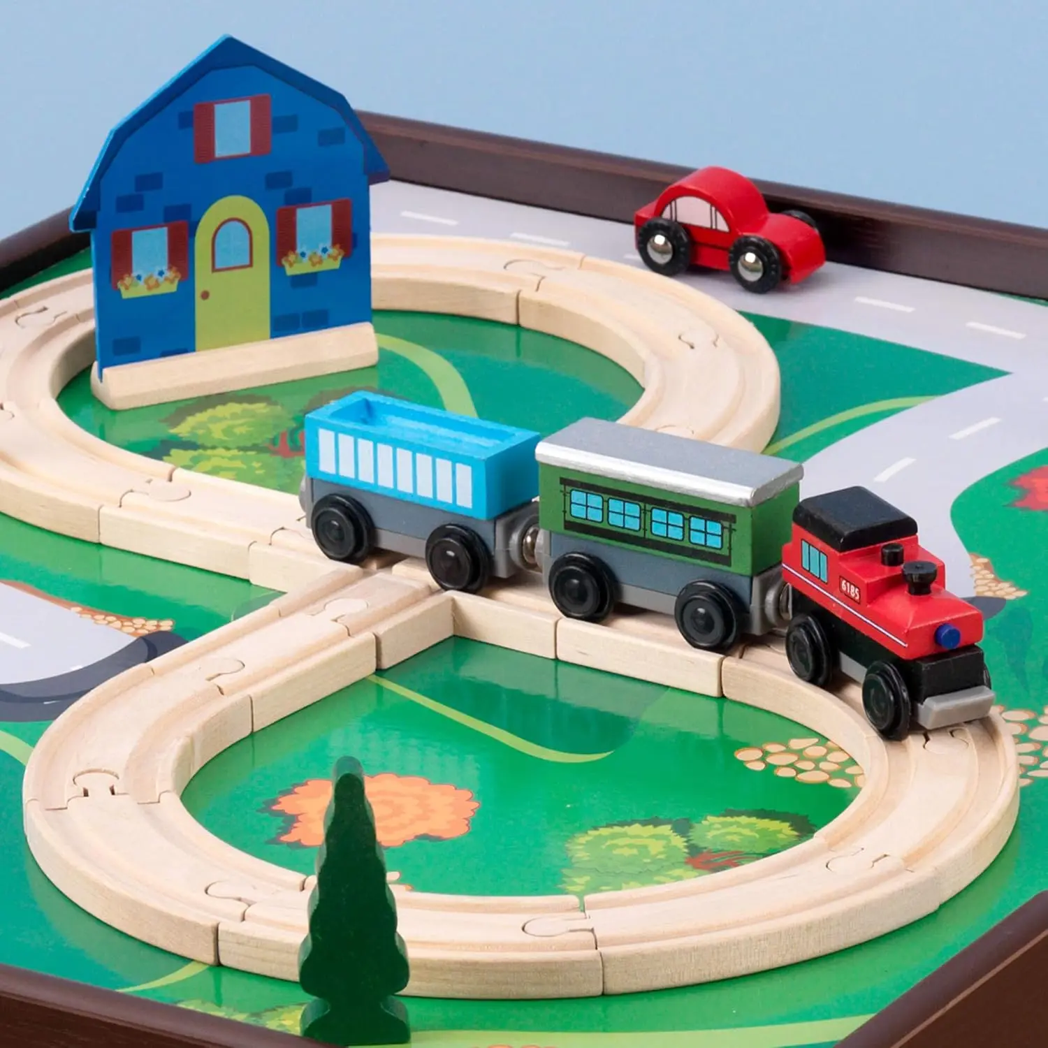 2-in-1 activiteitentafel met omkeerbaar blad, 200 bouwstenen en 30-delige houten treinset, espresso, cadeau voor kinderen vanaf 3 jaar