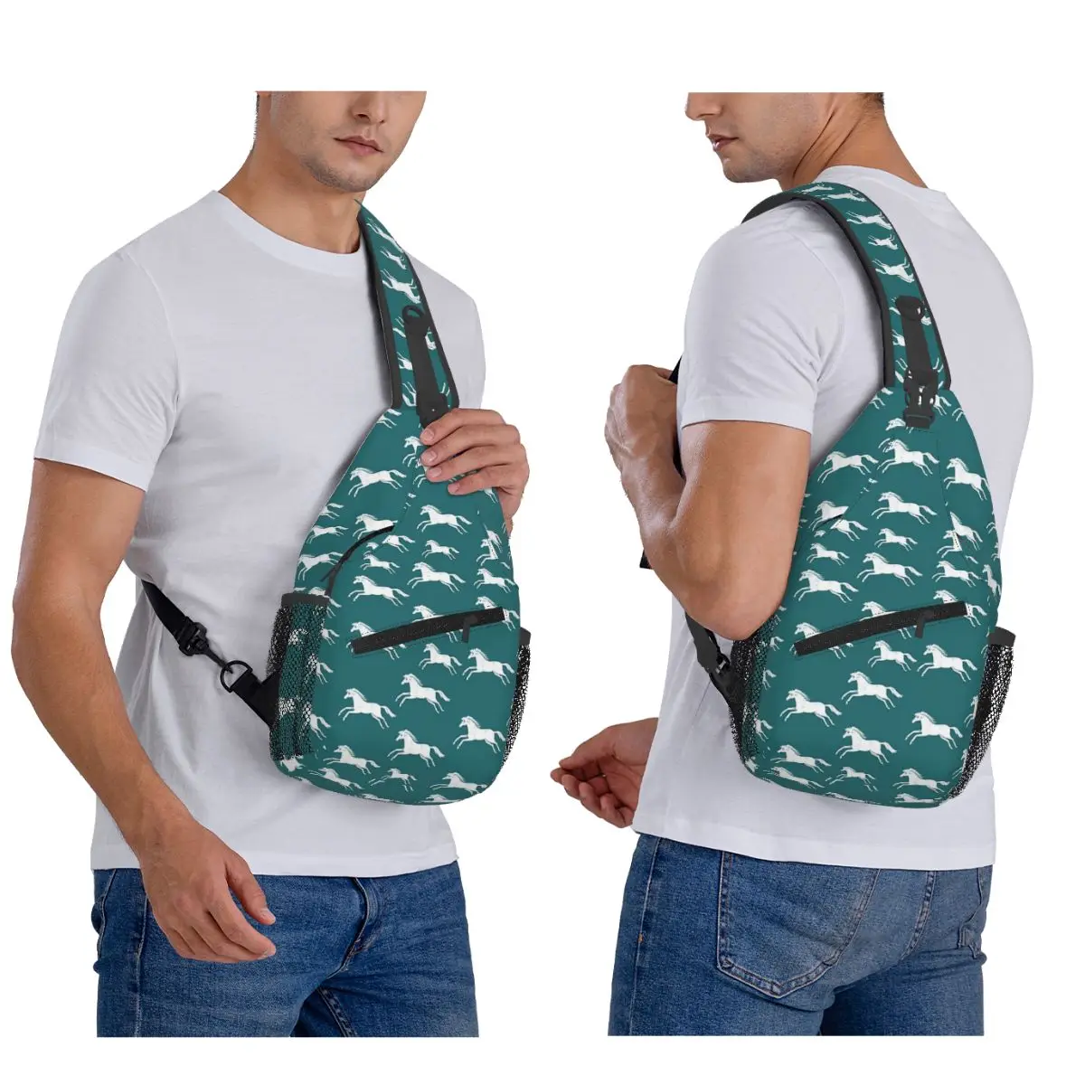 White Horses On Teal Chest Bag Men Sling Crossbody Backpack Chest Bag Travel Hiking Daypack Shoulder Bag