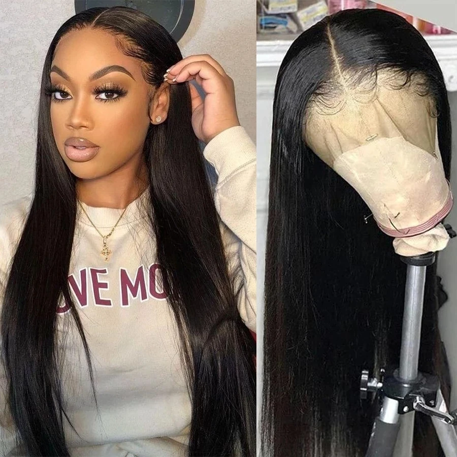 Transparent Lace Front Human Hair Wigs Brazilian Straight Lace Frontal Wig For Black Women PrePlucked 4x4 Lace Closure Wig