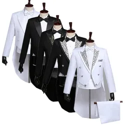 (Jacket + Pant + Bow Tie + Waistband) Fashion Men Wedding Party Tailcoat Suits Pianist Magician Stage Performance Dress 4 Piece