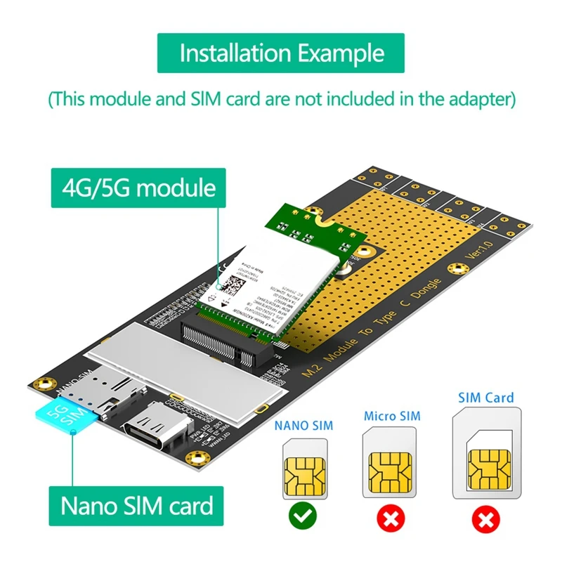 M.2 NGFF B Key 3G/4G/5G Module To Type C Network Adapter Riser Card Support RM500Q RM500U GM800 SIM8200