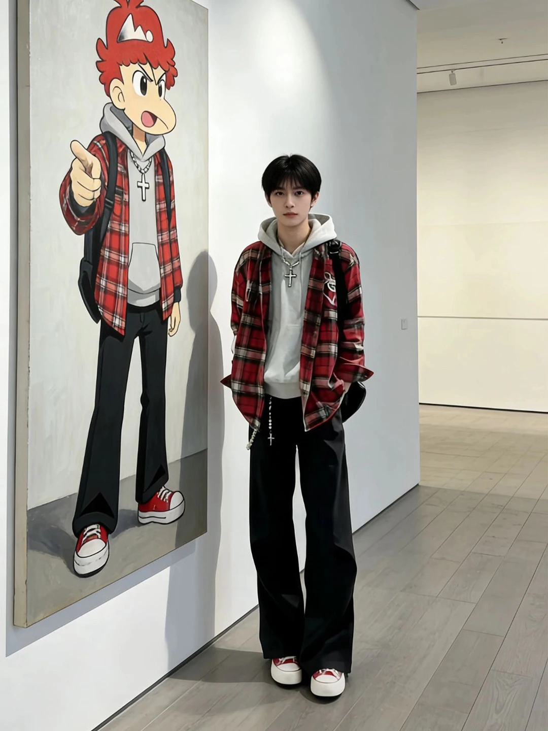 

American High Street Red Plaid Long Sve irt Men's Spring Autumn High Sensation Cool Embroidery Casual Outerwear