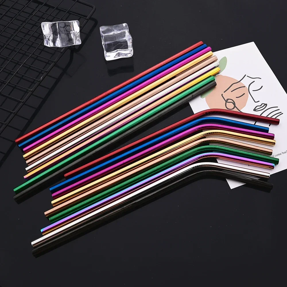 8Pcs Stainless Steel Straw Set Straight Curved Drinking Straw Set Juice Milk Tea Straw Bar Party Kitchen Accessories
