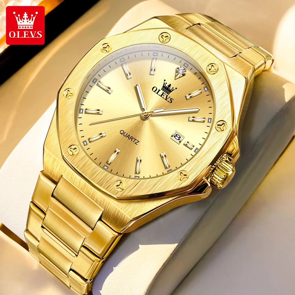 OLEVS Luxury Octagonal Golden Stainless Steel Quartz Watches for Men High Quality Auto Date Luminous Waterproof Man Wristwatch