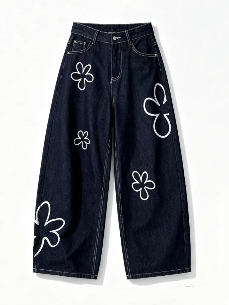 Women's Dark Blue Y2k Baggy Jeans Harajuku 2000s Oversize Pattern Print Denim Trousers Vintage Jean Pants Trashy Clothes 2027