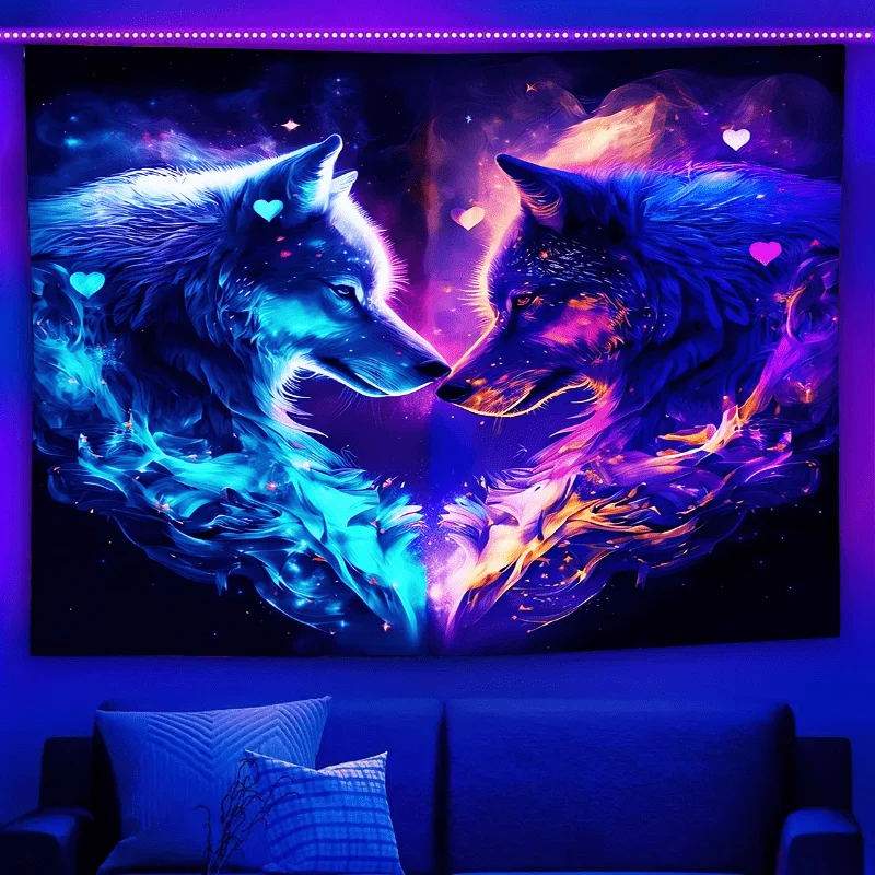 

Prairie Wolf King Domination UV Fluorescent Tapestry Aesthetic Wall Hanging Hippie Bedroom Independent Room Decoration