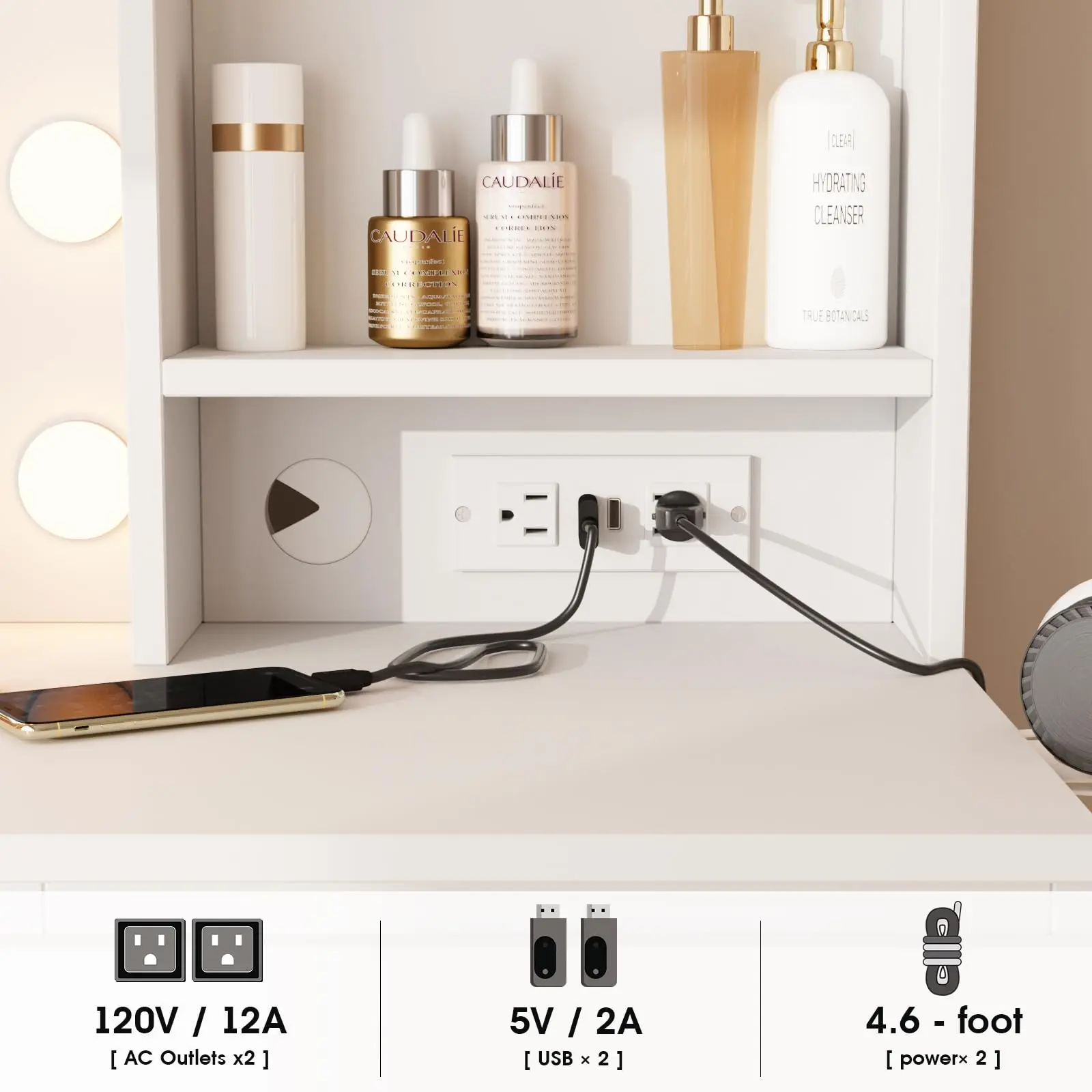 Vabches مكتب زينة مع أضواء مرآة طاولة تزيين مكياج مع منفذ طاقة 4 أدراج أثاث طاولة زينة خشبية لغرفة النوم