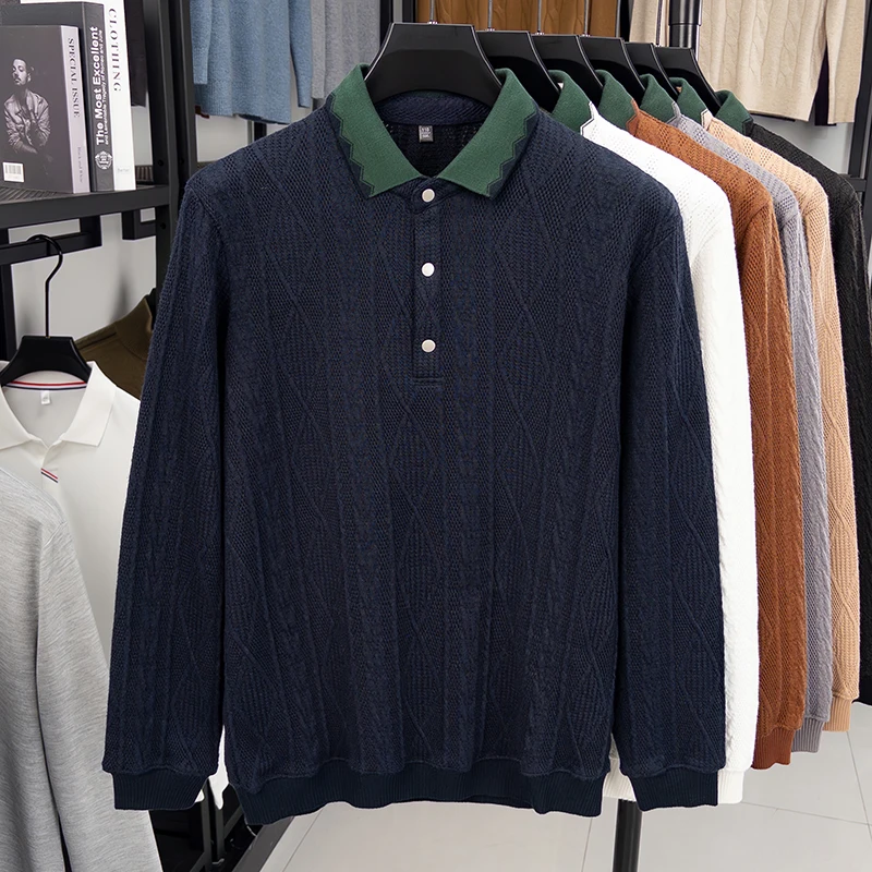 Maglione da uomo con risvolto a blocchi di colore di personalità, polo casual a maniche lunghe di lusso in jacquard tinta unita lavorato a maglia premium