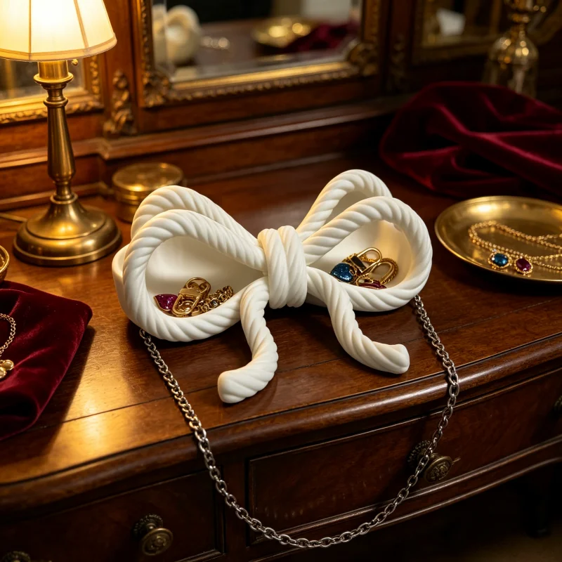 Multifunctional Twisted Rope Bowknot Double-Slot Beauty Storage Tray, Multi-Scene Decorative Cosmetic Storage Bowl, Waterproof Multi-Purpose Bathroom Accessory, Suitable for Shower Room, Dressing Table, Bedroom, Entryway Tabletop, Cream-Colored Girly Home Decor Ornament