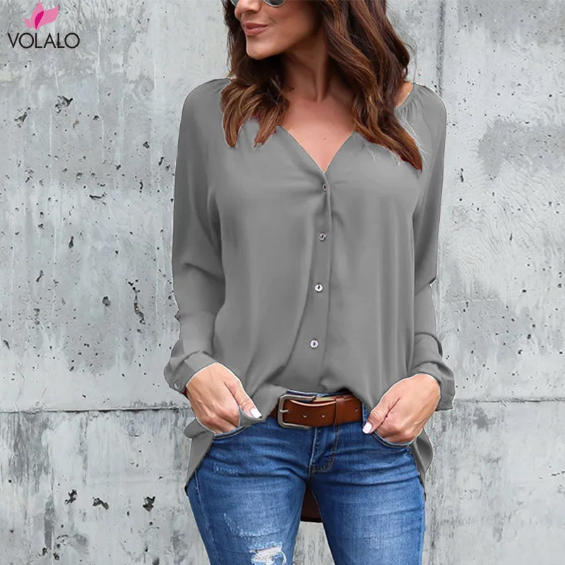 VOLALO-Blusa de gasa de manga larga para mujer, camisa de oficina, Top de trabajo, ropa de botón femenina, primavera y verano